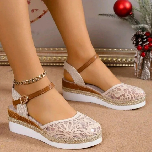 Women's Lace Breathable Mesh Bohemian Straw Woven Fairy Style Peep Toe Wedges - Picture 2 of 6